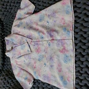 Vintage Pastel Watercolor Floral Print Short Sleeve Secretary Blouse Size 8
